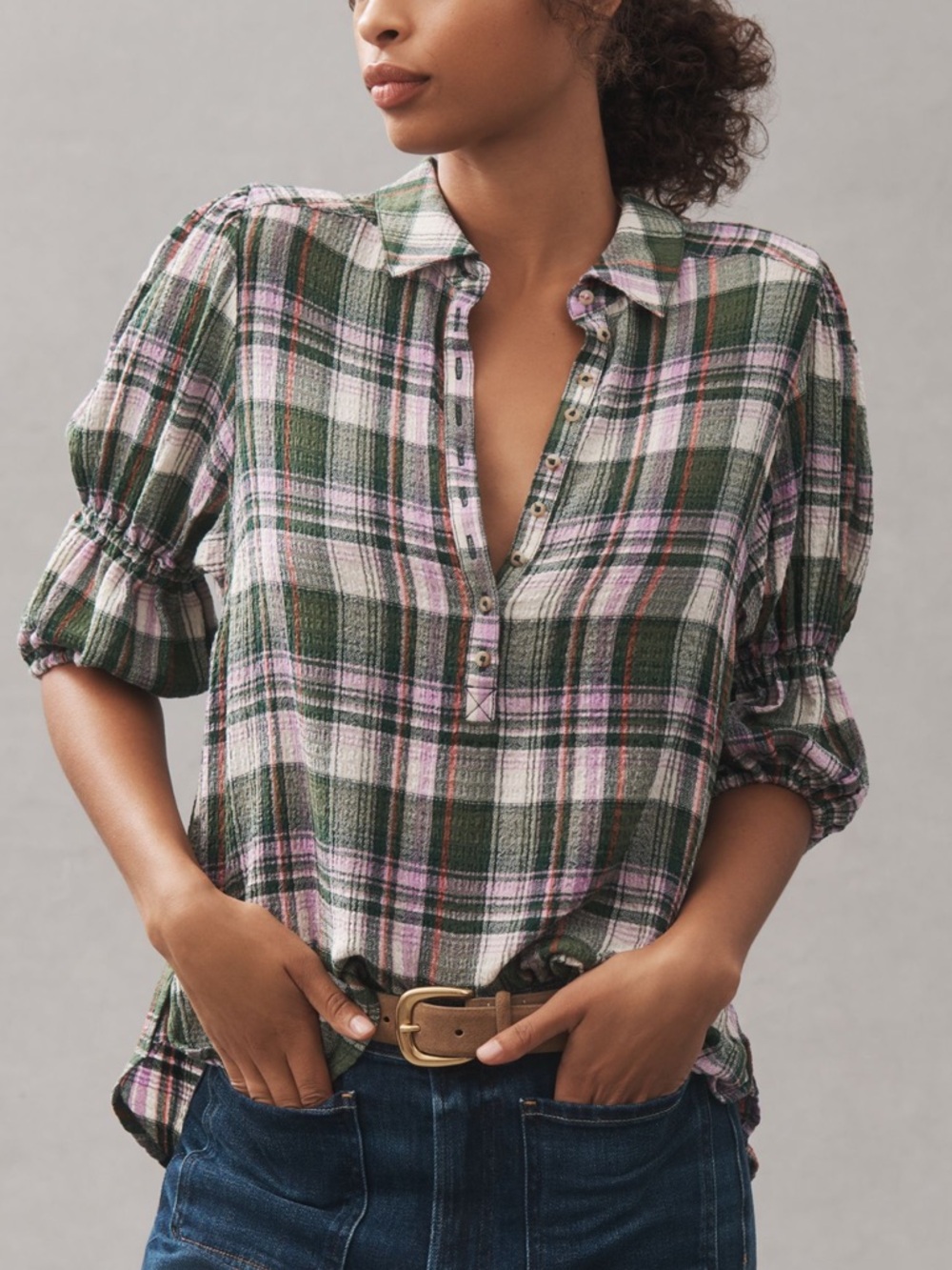 Anthropologie Tallulah Puff-Sleeve Plaid Button-Down Shirt Pilcro NEW Plaid SM